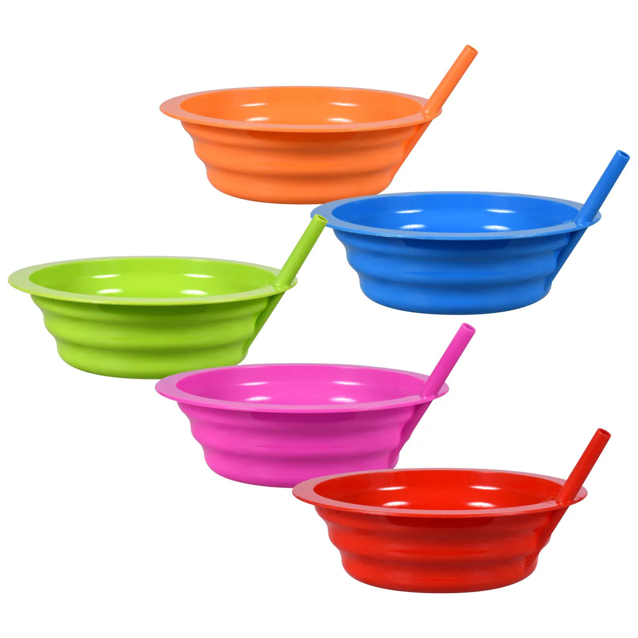 Colorful Plastic Bowls with Built-In Straws, 7.5 in