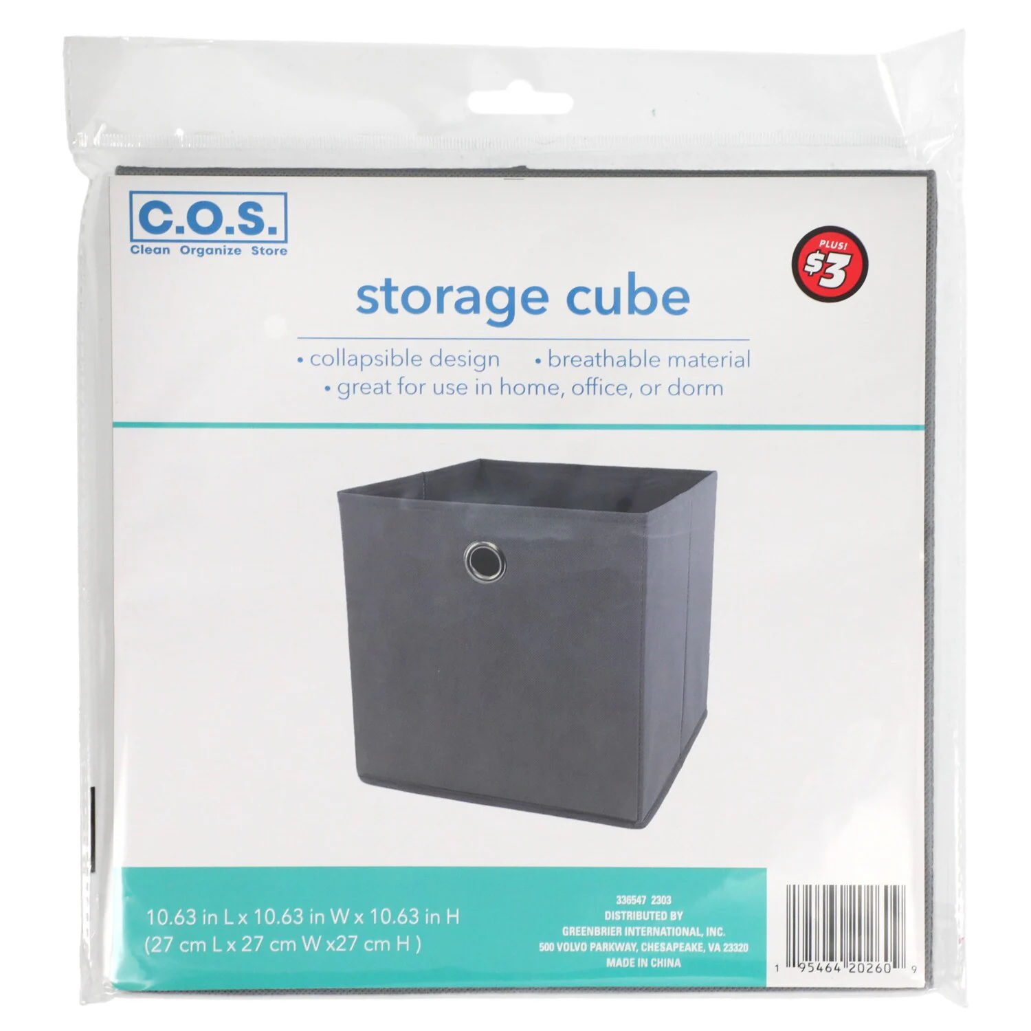 Collapsible Gray Storage Cube, 10x10-in