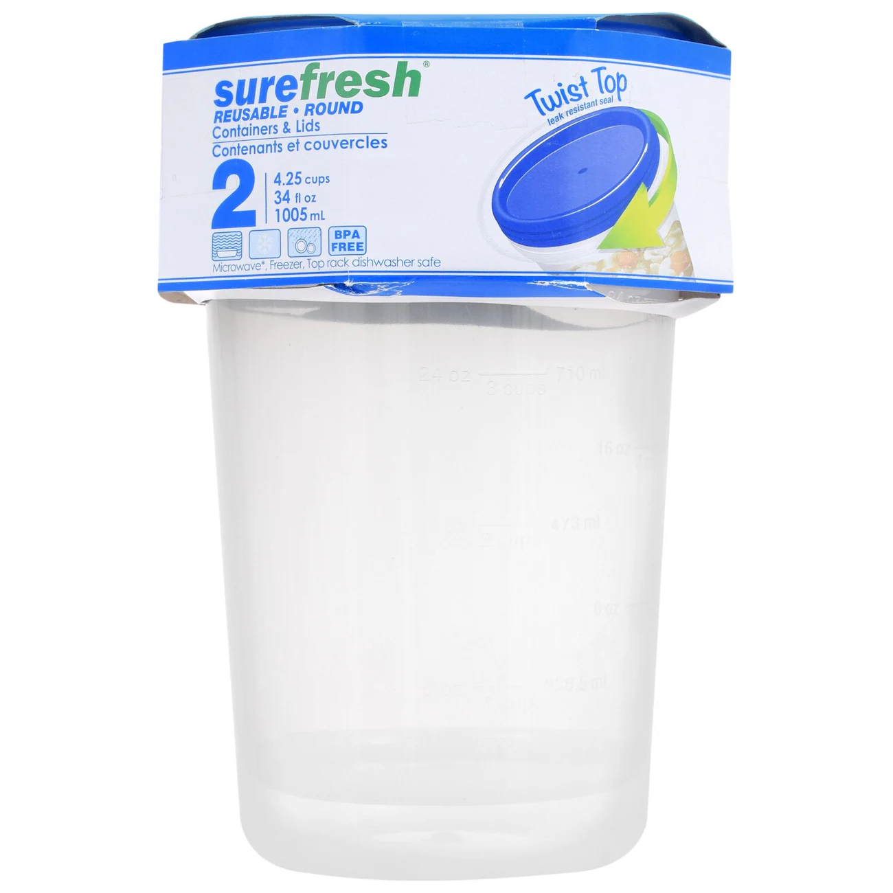 Sure Fresh 34-oz. Reusable Tall Plastic Containers with Lids, 2-ct. Packs